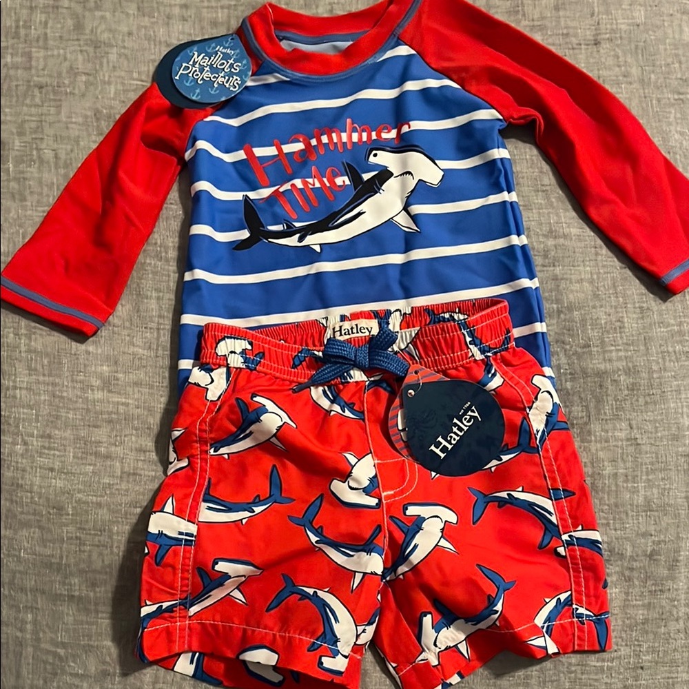Hatley Kids Swim Set - Red and Blue Shark Design NWT, size 9-12 months